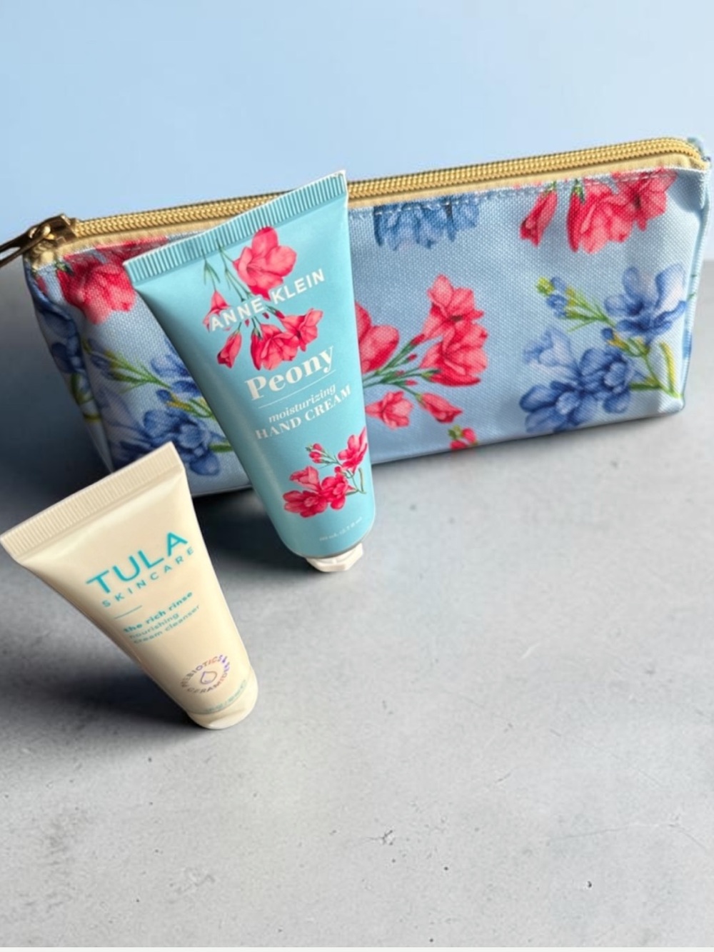 Anne Klein Blue Floral Zip Cosmetic Bag with Pink & Blue Blooms+Tula face wash